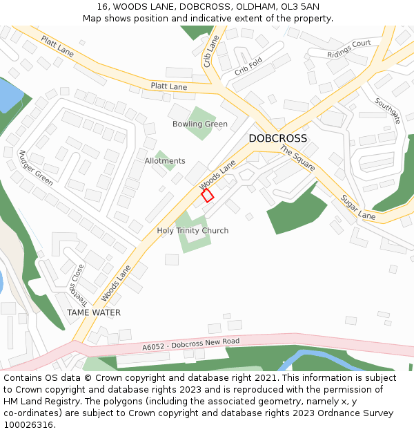 16, WOODS LANE, DOBCROSS, OLDHAM, OL3 5AN: Location map and indicative extent of plot