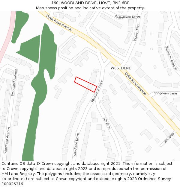 160, WOODLAND DRIVE, HOVE, BN3 6DE: Location map and indicative extent of plot