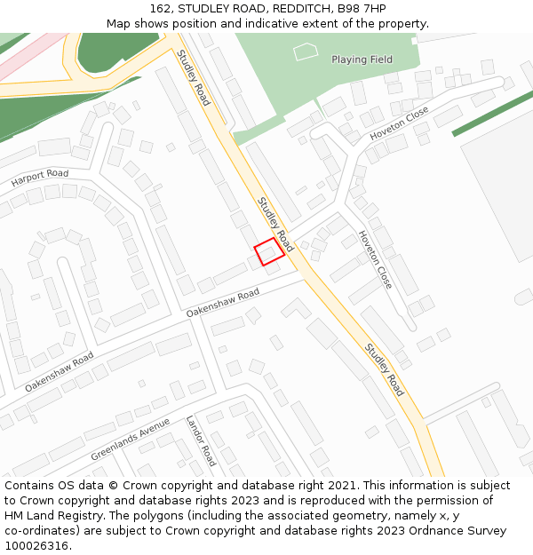 162, STUDLEY ROAD, REDDITCH, B98 7HP: Location map and indicative extent of plot