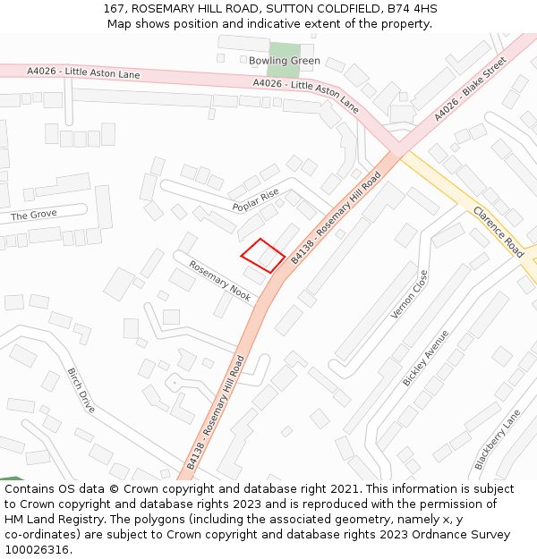 167, ROSEMARY HILL ROAD, SUTTON COLDFIELD, B74 4HS: Location map and indicative extent of plot