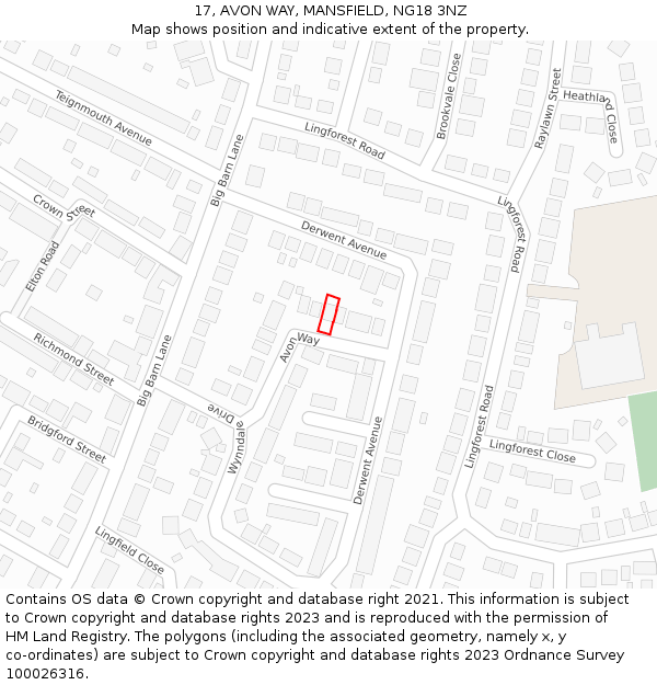 17, AVON WAY, MANSFIELD, NG18 3NZ: Location map and indicative extent of plot