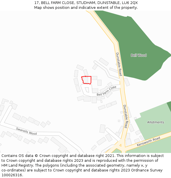 17, BELL FARM CLOSE, STUDHAM, DUNSTABLE, LU6 2QX: Location map and indicative extent of plot