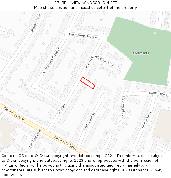 17, BELL VIEW, WINDSOR, SL4 4ET: Location map and indicative extent of plot