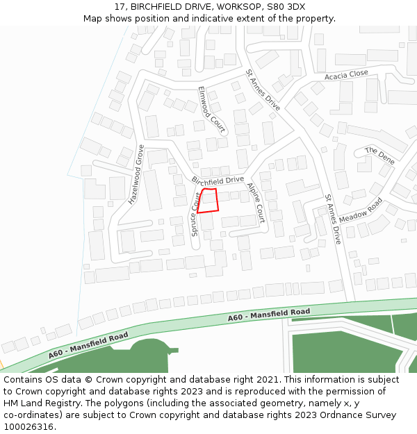 17, BIRCHFIELD DRIVE, WORKSOP, S80 3DX: Location map and indicative extent of plot