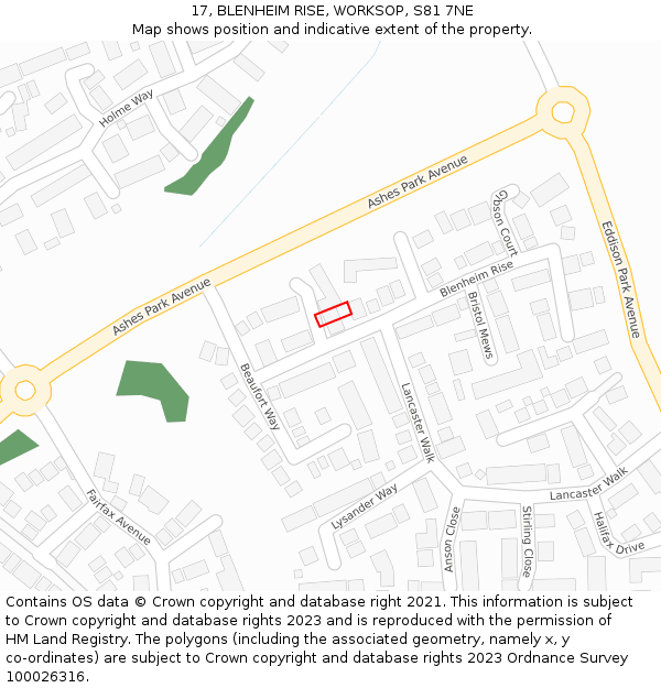 17, BLENHEIM RISE, WORKSOP, S81 7NE: Location map and indicative extent of plot