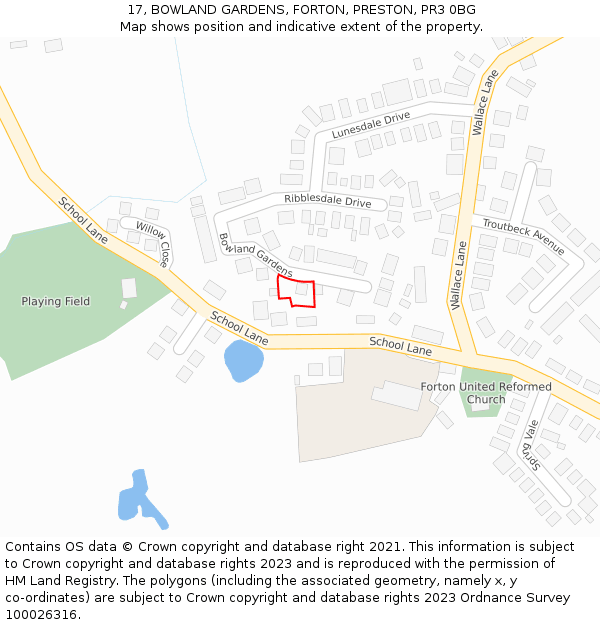 17, BOWLAND GARDENS, FORTON, PRESTON, PR3 0BG: Location map and indicative extent of plot