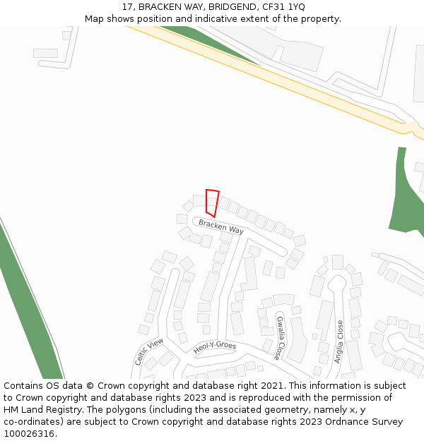 17, BRACKEN WAY, BRIDGEND, CF31 1YQ: Location map and indicative extent of plot