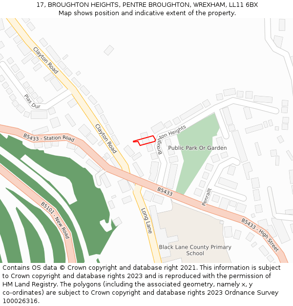 17, BROUGHTON HEIGHTS, PENTRE BROUGHTON, WREXHAM, LL11 6BX: Location map and indicative extent of plot