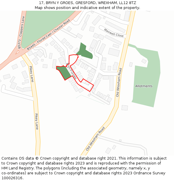 17, BRYN Y GROES, GRESFORD, WREXHAM, LL12 8TZ: Location map and indicative extent of plot