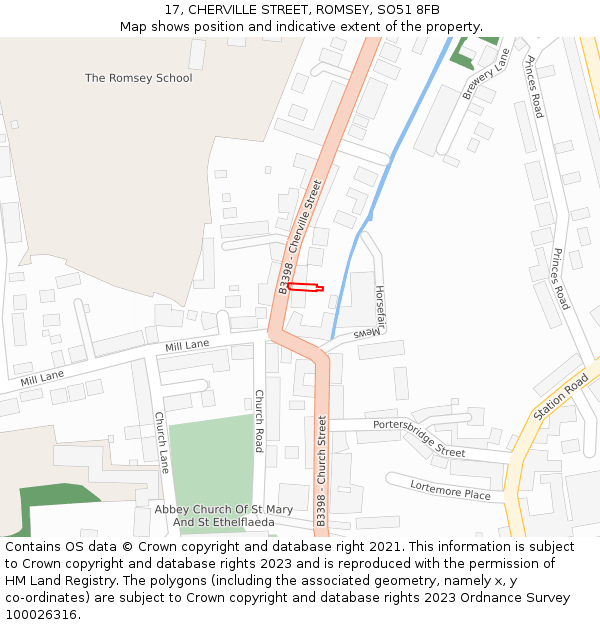 17, CHERVILLE STREET, ROMSEY, SO51 8FB: Location map and indicative extent of plot