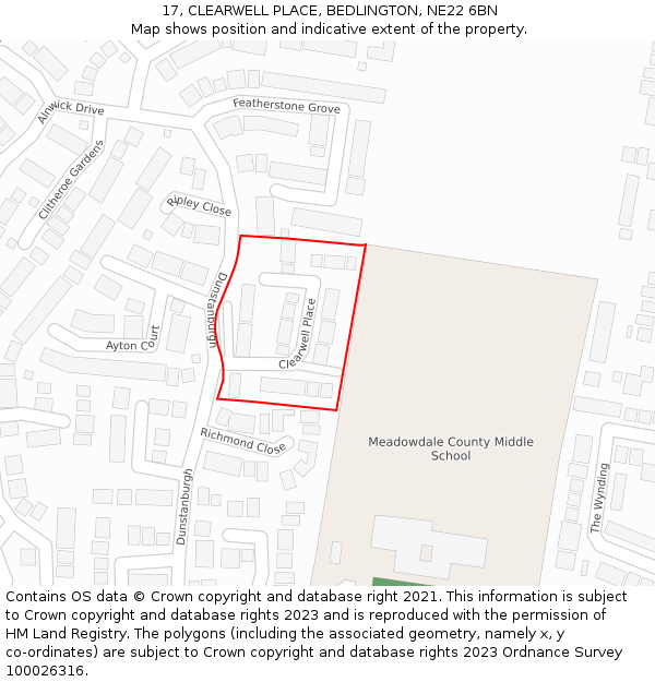 17, CLEARWELL PLACE, BEDLINGTON, NE22 6BN: Location map and indicative extent of plot