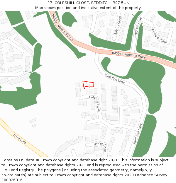 17, COLESHILL CLOSE, REDDITCH, B97 5UN: Location map and indicative extent of plot