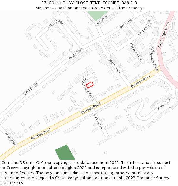 17, COLLINGHAM CLOSE, TEMPLECOMBE, BA8 0LR: Location map and indicative extent of plot