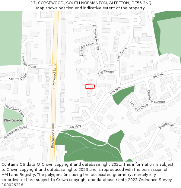17, COPSEWOOD, SOUTH NORMANTON, ALFRETON, DE55 3NQ: Location map and indicative extent of plot