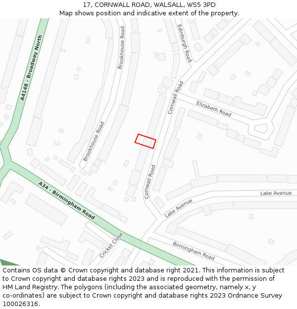 17, CORNWALL ROAD, WALSALL, WS5 3PD: Location map and indicative extent of plot