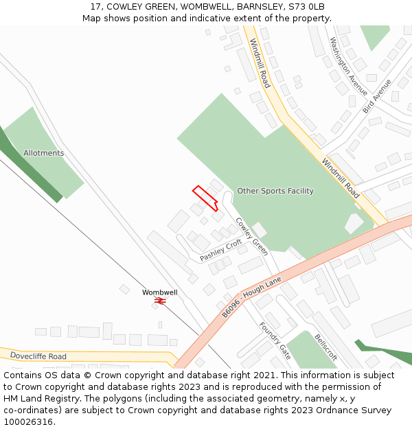 17, COWLEY GREEN, WOMBWELL, BARNSLEY, S73 0LB: Location map and indicative extent of plot