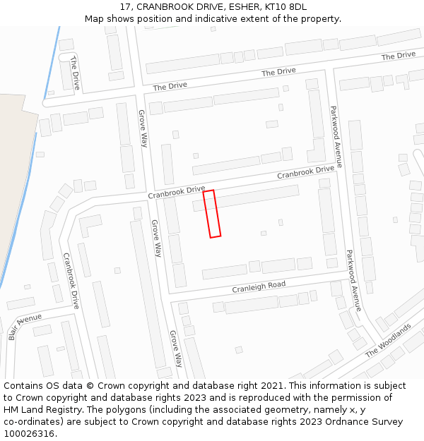 17, CRANBROOK DRIVE, ESHER, KT10 8DL: Location map and indicative extent of plot
