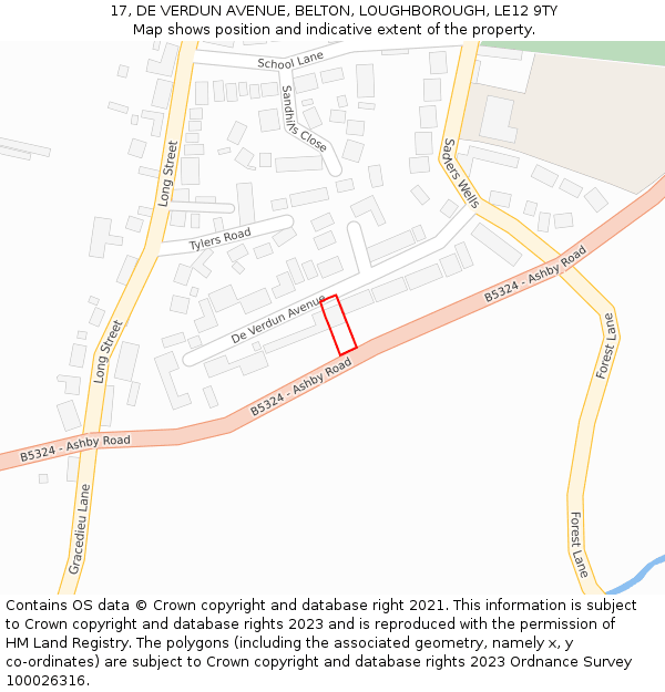 17, DE VERDUN AVENUE, BELTON, LOUGHBOROUGH, LE12 9TY: Location map and indicative extent of plot