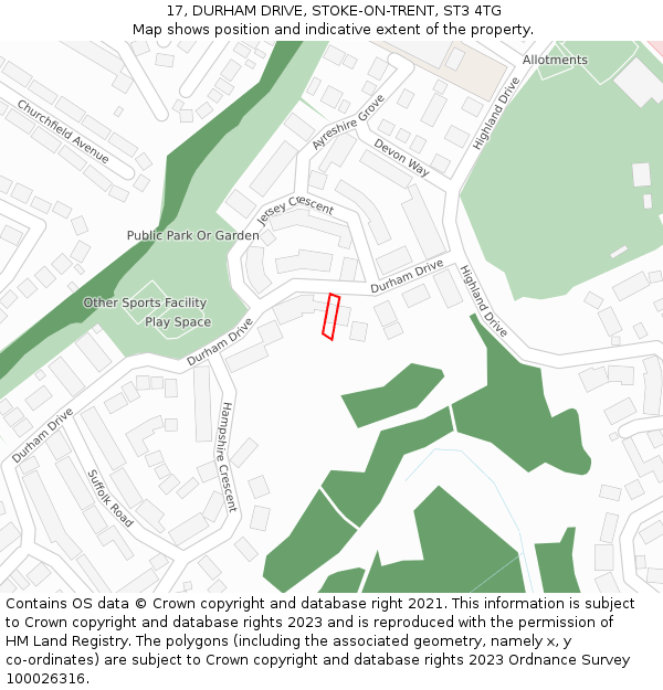 17, DURHAM DRIVE, STOKE-ON-TRENT, ST3 4TG: Location map and indicative extent of plot