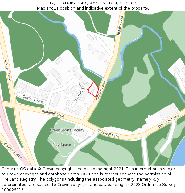 17, DUXBURY PARK, WASHINGTON, NE38 8BJ: Location map and indicative extent of plot