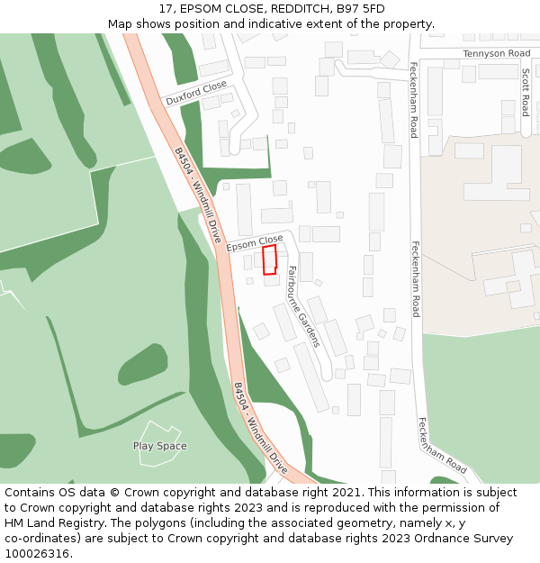 17, EPSOM CLOSE, REDDITCH, B97 5FD: Location map and indicative extent of plot