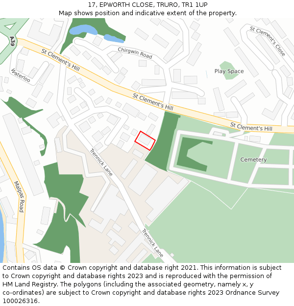 17, EPWORTH CLOSE, TRURO, TR1 1UP: Location map and indicative extent of plot