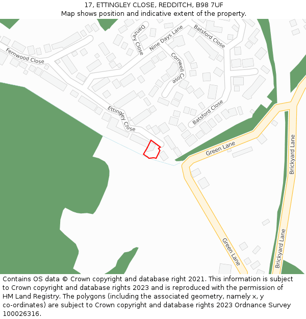 17, ETTINGLEY CLOSE, REDDITCH, B98 7UF: Location map and indicative extent of plot