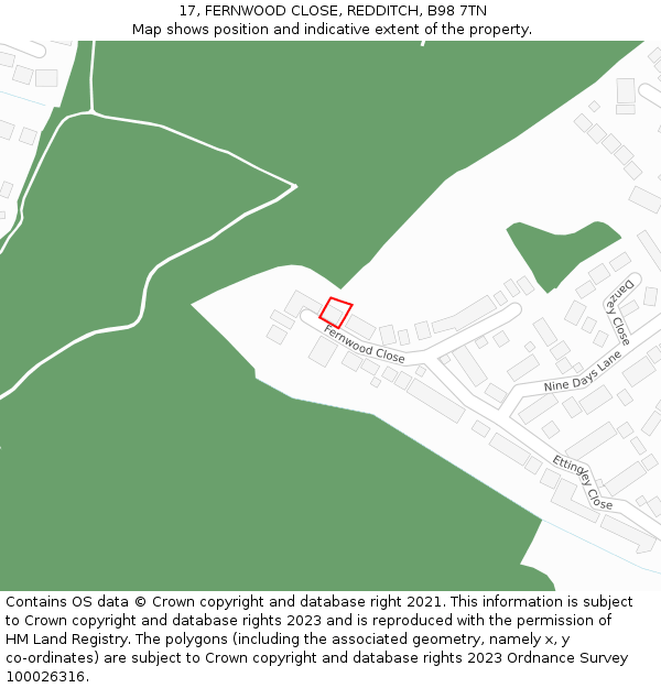 17, FERNWOOD CLOSE, REDDITCH, B98 7TN: Location map and indicative extent of plot