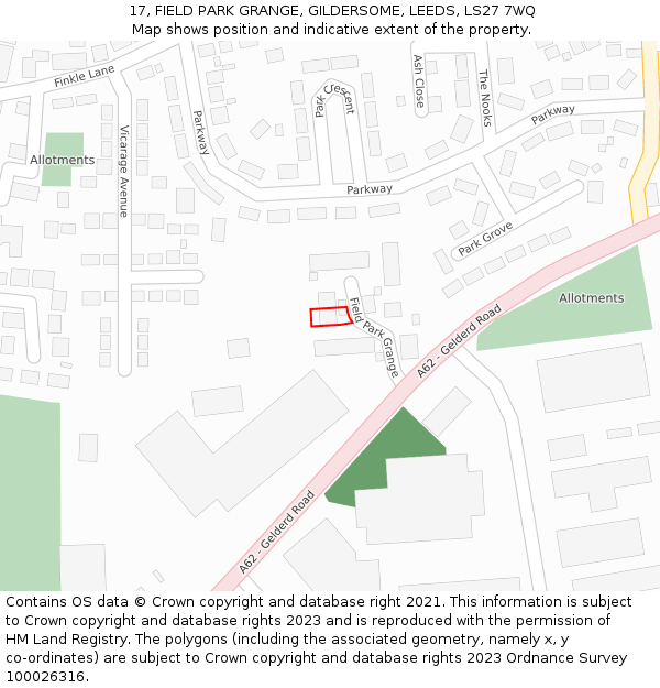 17, FIELD PARK GRANGE, GILDERSOME, LEEDS, LS27 7WQ: Location map and indicative extent of plot