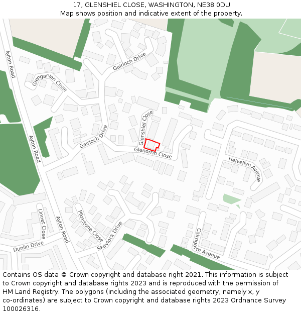 17, GLENSHIEL CLOSE, WASHINGTON, NE38 0DU: Location map and indicative extent of plot