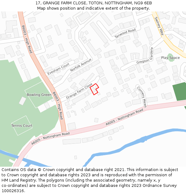 17, GRANGE FARM CLOSE, TOTON, NOTTINGHAM, NG9 6EB: Location map and indicative extent of plot