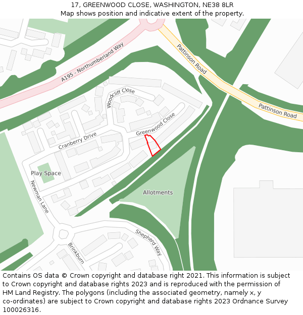 17, GREENWOOD CLOSE, WASHINGTON, NE38 8LR: Location map and indicative extent of plot