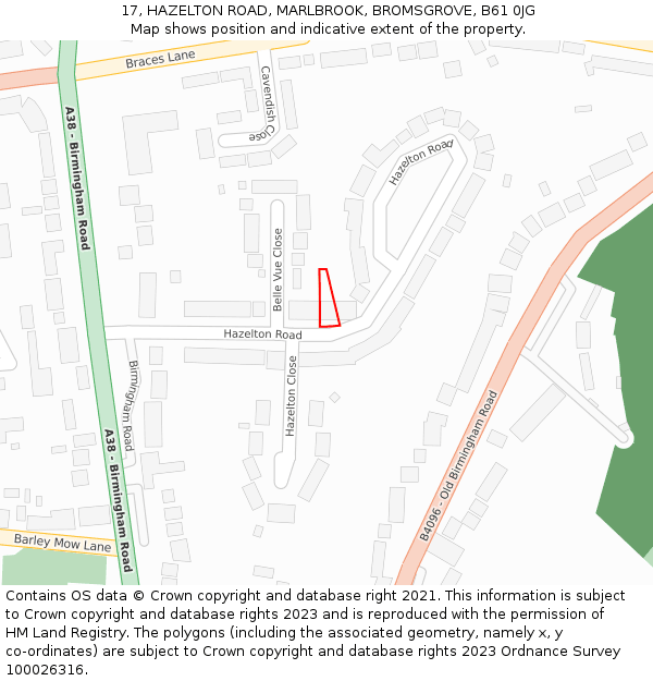 17, HAZELTON ROAD, MARLBROOK, BROMSGROVE, B61 0JG: Location map and indicative extent of plot