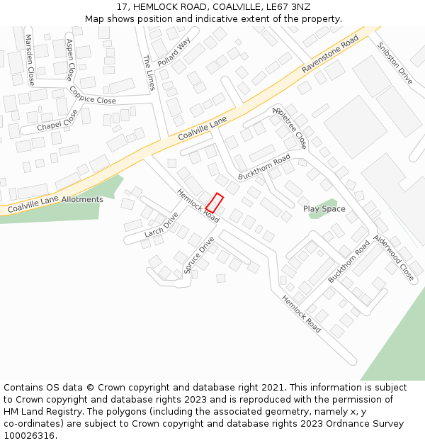 17, HEMLOCK ROAD, COALVILLE, LE67 3NZ: Location map and indicative extent of plot