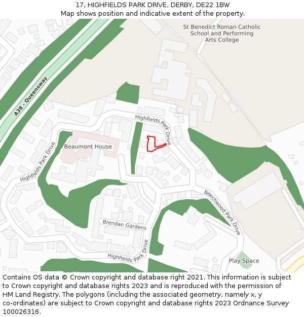 17, HIGHFIELDS PARK DRIVE, DERBY, DE22 1BW: Location map and indicative extent of plot