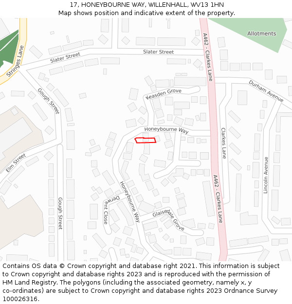 17, HONEYBOURNE WAY, WILLENHALL, WV13 1HN: Location map and indicative extent of plot