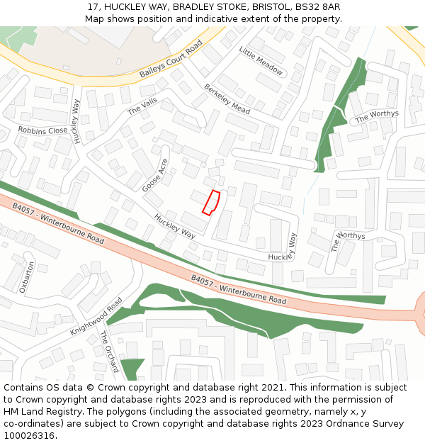 17, HUCKLEY WAY, BRADLEY STOKE, BRISTOL, BS32 8AR: Location map and indicative extent of plot