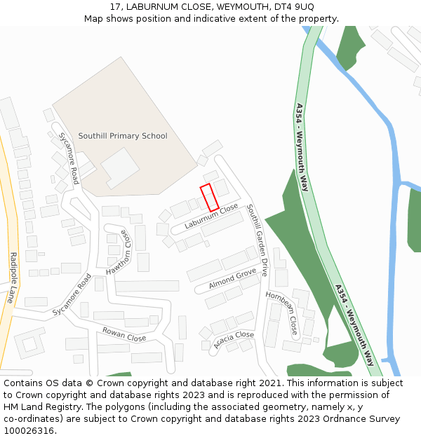 17, LABURNUM CLOSE, WEYMOUTH, DT4 9UQ: Location map and indicative extent of plot