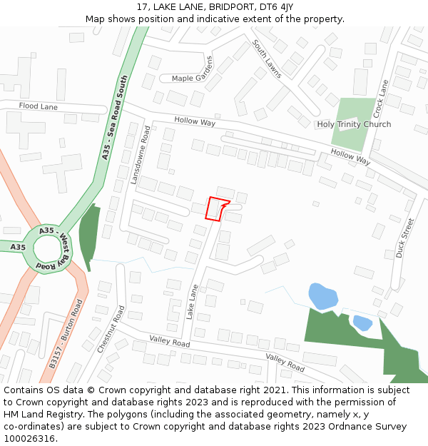 17, LAKE LANE, BRIDPORT, DT6 4JY: Location map and indicative extent of plot