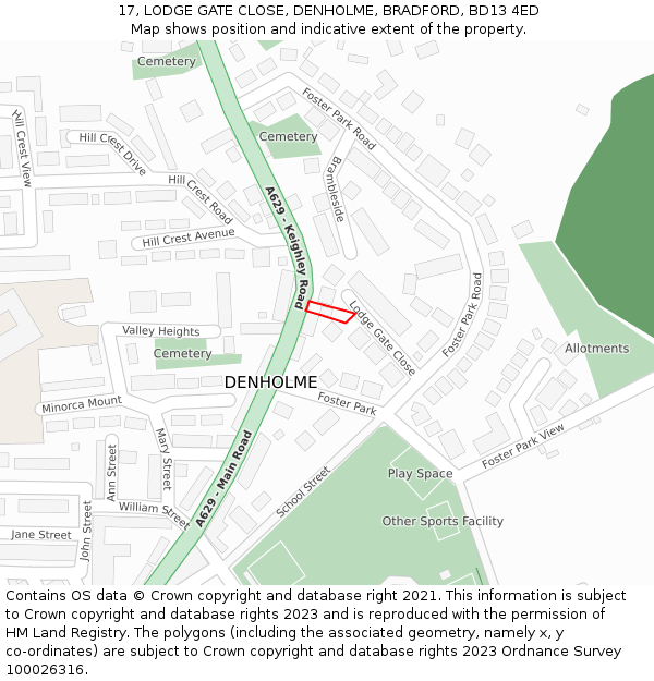 17, LODGE GATE CLOSE, DENHOLME, BRADFORD, BD13 4ED: Location map and indicative extent of plot