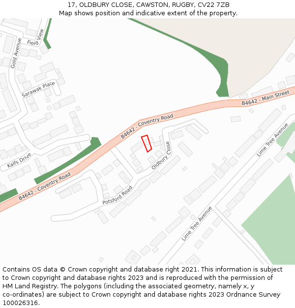 17, OLDBURY CLOSE, CAWSTON, RUGBY, CV22 7ZB: Location map and indicative extent of plot