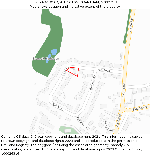 17, PARK ROAD, ALLINGTON, GRANTHAM, NG32 2EB: Location map and indicative extent of plot