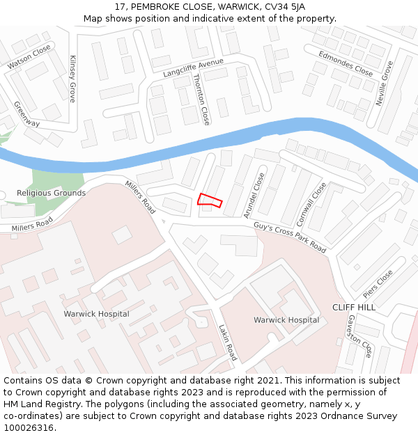17, PEMBROKE CLOSE, WARWICK, CV34 5JA: Location map and indicative extent of plot