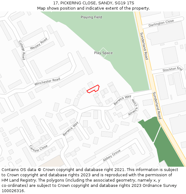 17, PICKERING CLOSE, SANDY, SG19 1TS: Location map and indicative extent of plot