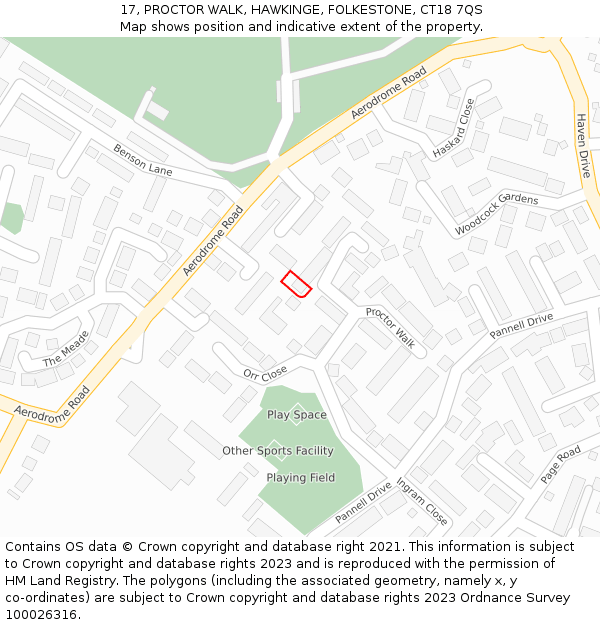 17, PROCTOR WALK, HAWKINGE, FOLKESTONE, CT18 7QS: Location map and indicative extent of plot