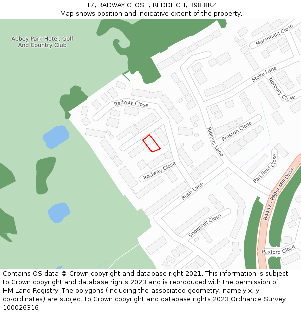 17, RADWAY CLOSE, REDDITCH, B98 8RZ: Location map and indicative extent of plot