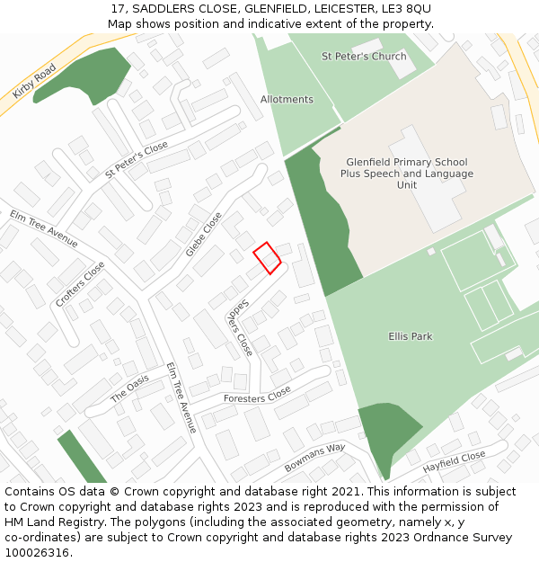 17, SADDLERS CLOSE, GLENFIELD, LEICESTER, LE3 8QU: Location map and indicative extent of plot