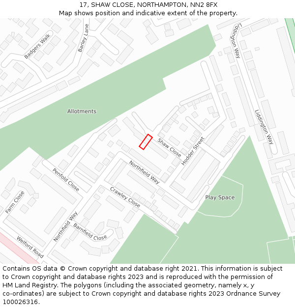 17, SHAW CLOSE, NORTHAMPTON, NN2 8FX: Location map and indicative extent of plot