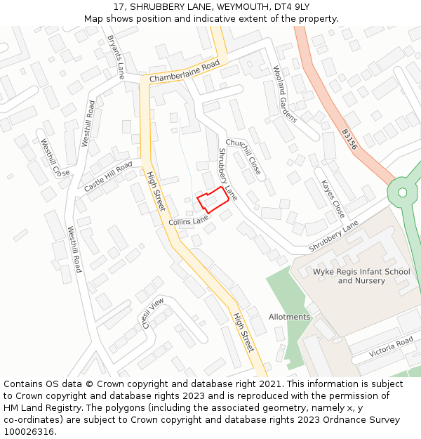17, SHRUBBERY LANE, WEYMOUTH, DT4 9LY: Location map and indicative extent of plot