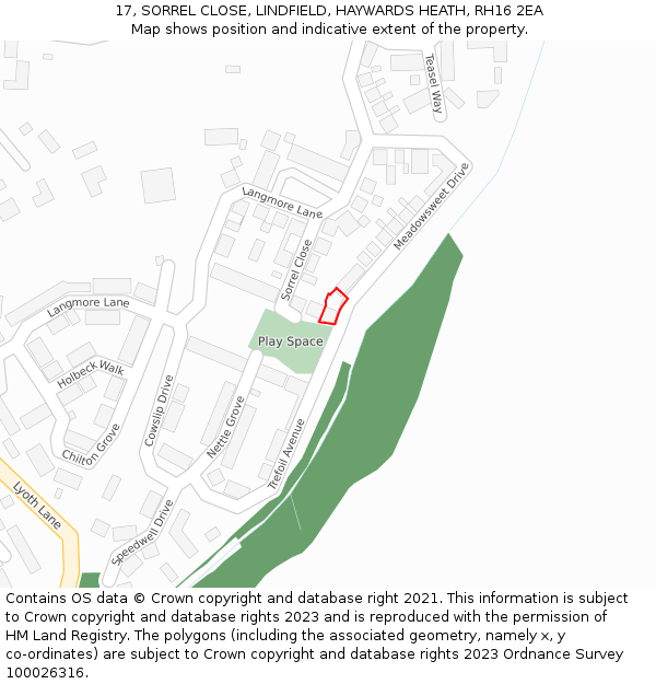 17, SORREL CLOSE, LINDFIELD, HAYWARDS HEATH, RH16 2EA: Location map and indicative extent of plot